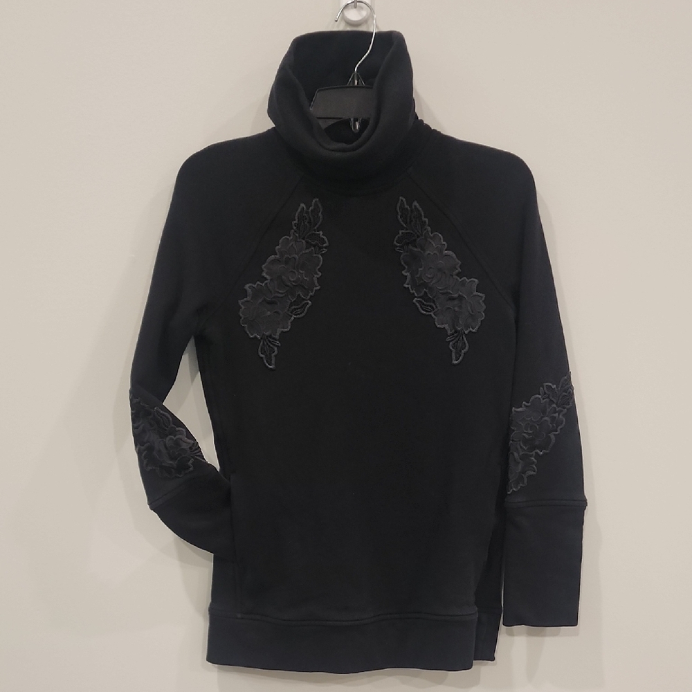 RARE Lululemon Athletica Black Turtleneck with Embroidered Floral Details, Sz 2